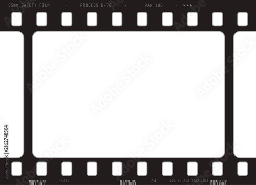 Realistic 35mm film strip frame vector overlay with transparent background, film edge markings, and realistic perforations for photo and video. Real size and dimensions frame 35 mm.