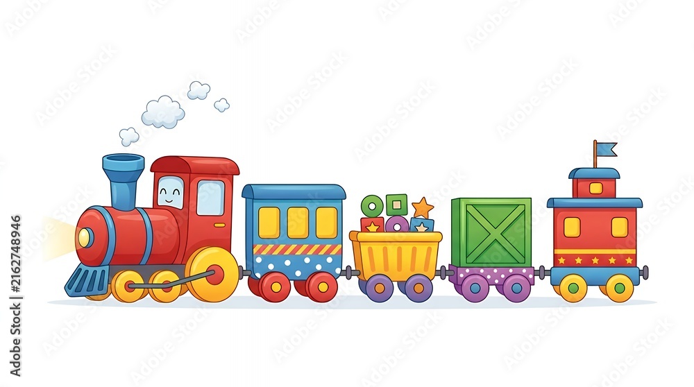 Fototapeta premium Title: Playful Cartoon Toy TrainIllustrationAgainst Blank Background Ideal for Childrens Birthday Party Invitations Educational Materials Toy Store Branding and Kids Graphic Designs