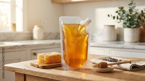 Clear flexible pouch of golden honey on wooden kitchen counter with honeycomb and dipper.