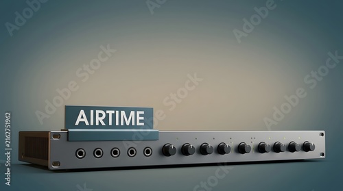 Audio mixing console and radio broadcasting equipment for studio airtime, podcasting and music production. Professional sound board, mixer knobs and electronic gear for media communication and tech