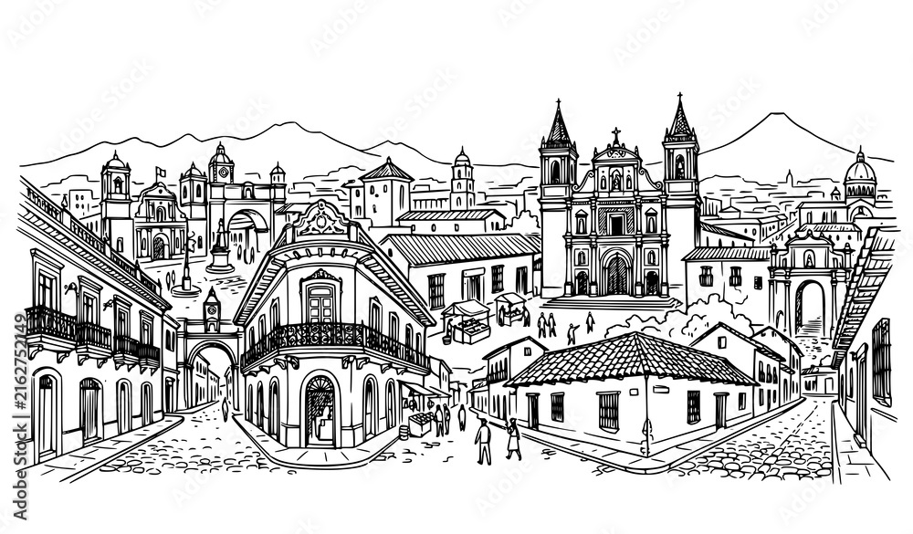 Naklejka premium Guatemala Beautiful Places Unusual Architecture Cityscape Hand Drawn Line Vector Illustration