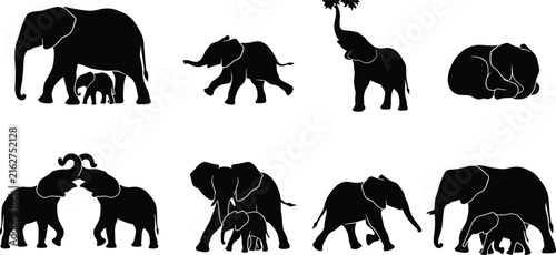 Photography Collection of black African elephant family silhouettes featuring mother and bab