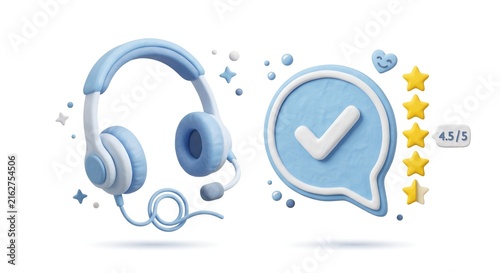 3D Render of Headset with Chat Bubble and Checkmark Icon, Customer Service Support Concept