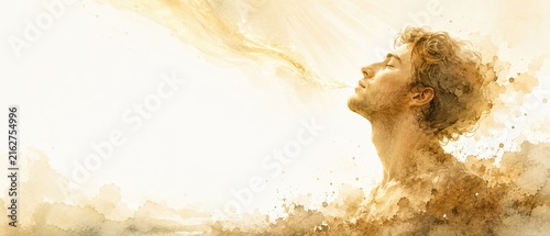  Creation of Adam from the dust. Breath of life. Rosh Hashanah 5787 Jewish New Year spiritual concept. Ethereal watercolor banner with copy space
