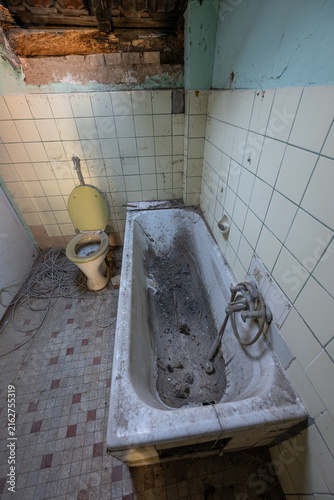 Cuadro en lienzo Abandoned and severely deteriorated bathroom with an old dirty bathtub, toilet, damaged tiles and exposed wooden ceiling