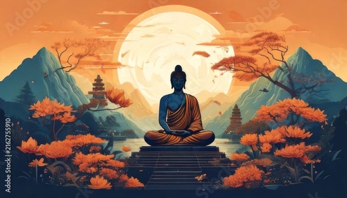 Serene Buddha Meditation Amidst a Breathtaking Landscape at Sunset.