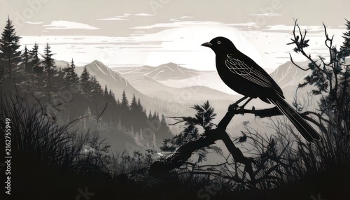 Monochrome Bird Perched on Branch Overlooking Mountain Landscape.