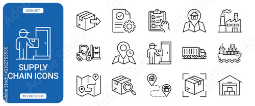 Supply chain and logistics line icon set featuring delivery, shipping, warehouse, and tracking symbols