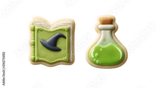 Halloween spellbook and potion bottle sugar cookies