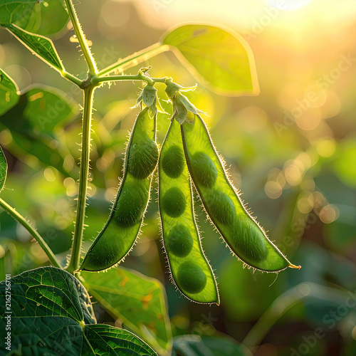 Closeup of green pea pods hanging on plant in sunlight