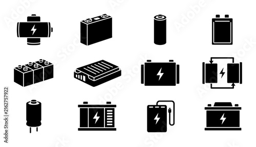 Foto Battery Icons Set, Power Source Vector Collection, Energy Storage Symbols, Recha
