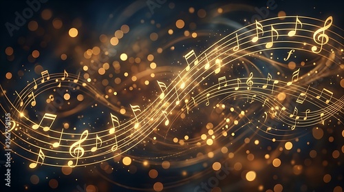 Golden music notes on a wavy musical staff with glowing bokeh particles on a dark background
