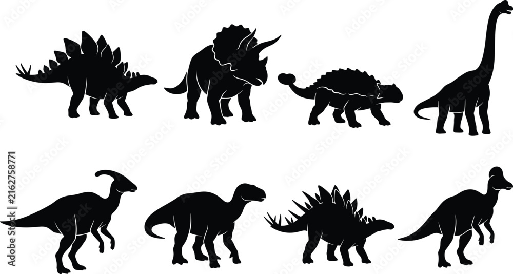 Obraz premium Dinosaur Silhouettes Featuring Stegosaurus, Triceratops, Ankylosaurus, Brachiosaurus, Parasaurolophus and Tyrannosaurus for Prehistoric Design