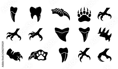 Photography Wild Animal Claws, Teeth, and Paw Prints Vector Icons Set: Fierce Predator Symbo
