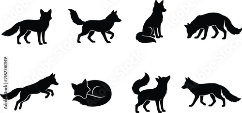 Fox Silhouettes in Various Natural Poses for Wildlife and Creative Design