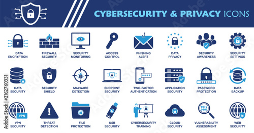 Cybersecurity and Privacy Icon Set. Collection of Cloud, Firewall, Network Security, Access Control, Threat Detection, Cyber Defense, Data Encryption, Two-Factor Authentication and More Icons.