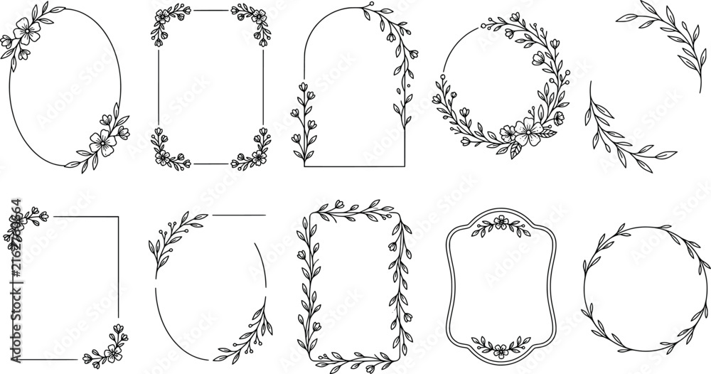 Fototapeta premium Set of floral frames and wreaths with flowers and leaves