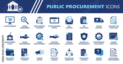 Public Procurement Icon Set. Collection of E-Procurement, Tender Management, Bid Evaluation, Government Purchasing, Contract Management and More Icons. Editable Vector Illustration.