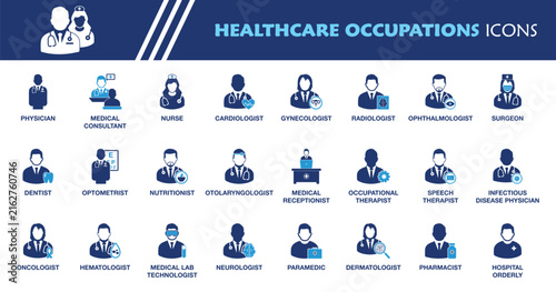 Healthcare Occupations Icon Set. Collection of Medical Professional, Doctor, Nurse, Specialist, Surgeon, Pharmacist, Therapist and More Icons. Editable Vector Illustration.