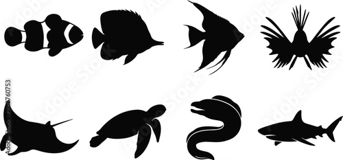 Marine Animal Silhouettes Featuring Fish, Manta Ray, Turtle, Eel and Shark for Ocean Wildlife and Educational Design
