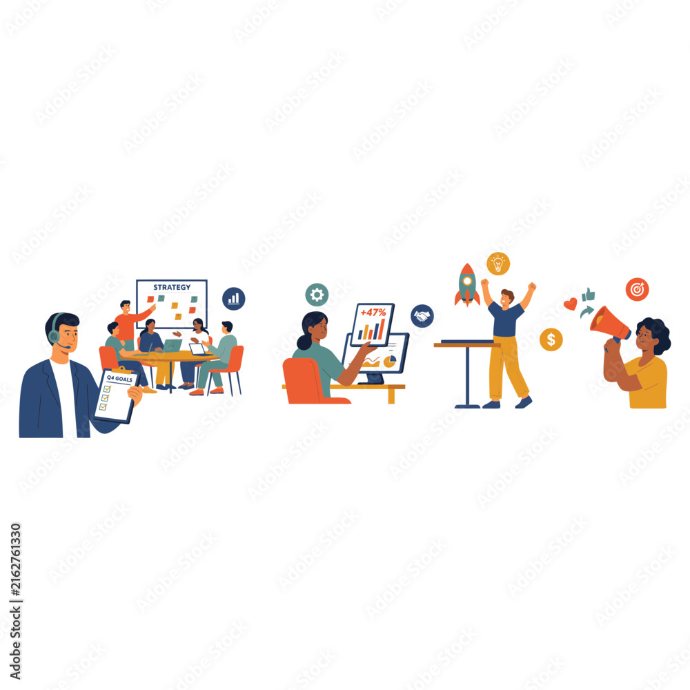 Fototapeta premium Flat depicting a diverse group of people working in a modern office environment with computers and creative tools
