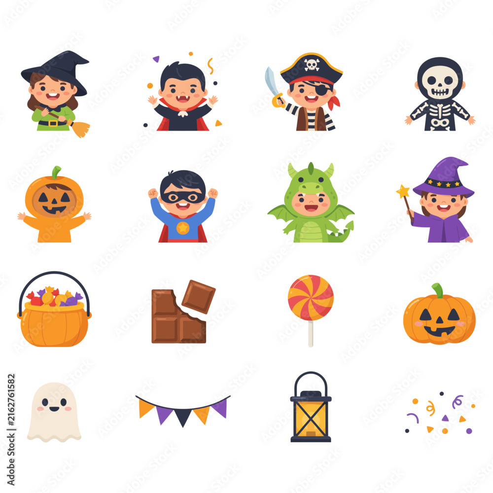 Fototapeta premium Set of cute halloween character including children in costumes, a pumpkin, ghost, candy, chocolate, and lantern on white background