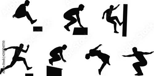 Parkour and athletic silhouettes illustration featuring jumping, climbing, flipping, and crouching poses for fitness, sports, and training design use