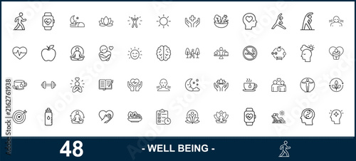 Minimalist well being line icons, 48 health and wellness  lifestyle, meditation, nutrition vector icon , modern mental health and fitness outline set for apps ,Clean grouped each vector icon.