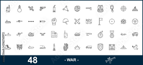 War and military line icons set, 48 thin stroke vector tank, grenade, gun, helmet, medal icon of weapons and army equipment, minimalist combat and defense graphics ,Clean grouped each vector icon.