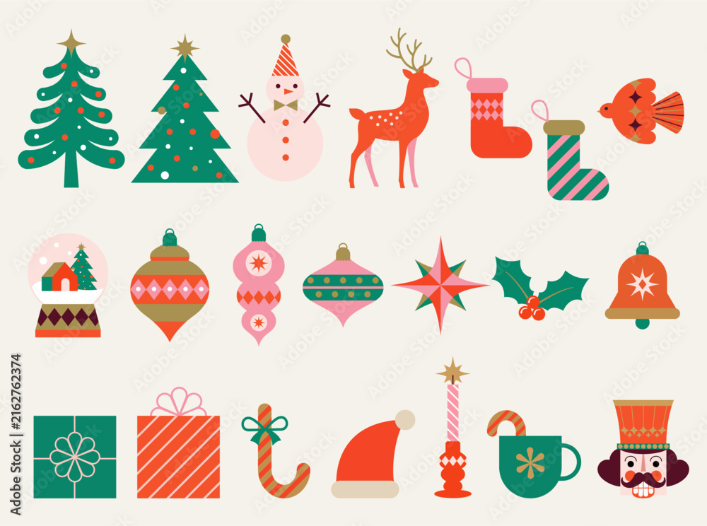 Naklejka premium Large Collection of Flat Geometric Mid-Century Modern Christmas Graphic Elements and Characters