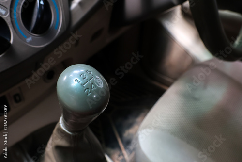 Manual transmission gear shift knob inside vehicle cabin