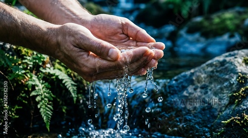Clean fresh water flowing through cupped human hands in a lush green forest