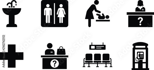 Public Facility Icons Featuring Restroom, Baby Changing, First Aid, Waiting Area and Telephone Booth