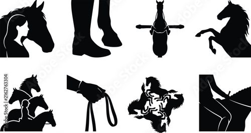 Set of black equestrian vector silhouettes featuring horses, riders, boots, and riding equipment on white background