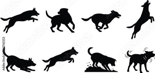 Set of black dog silhouettes in various action poses including running jumping digging and shaking isolated on white background