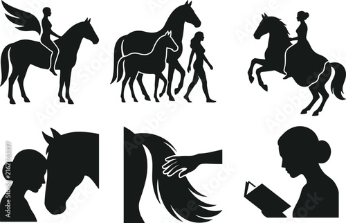 Set of black equestrian vector silhouettes featuring women interacting with horses, horseback riding, fantasy, and bonding
