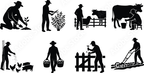 Set of black farm worker vector silhouettes illustrating daily agricultural tasks, planting, milking cows, and feeding livestock on white background