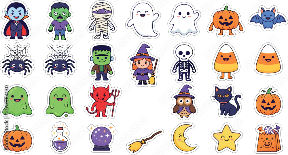 Fototapeta premium Cute Halloween Characters and Spooky Icons Vector Sticker Set Featuring Kawaii Vampire Zombie Mummy Witch Ghost and Pumpkin Graphics for Creative Holiday Designs