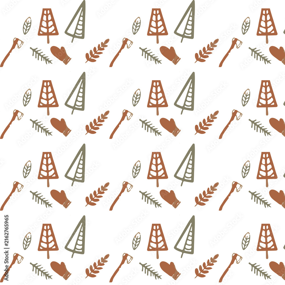 Seamless Winter Forest Pattern Vector with Trees Axes Mittens and Leaves