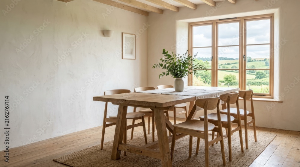 Fototapeta premium Bright and Spacious Minimalist Dining Room with Wooden Furniture
