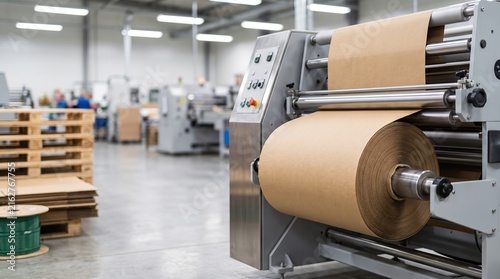 A large paper roll is feeding into a printing machine in a busy factory. Workers are seen in the background handling other machines. The factory has a bright and open layout