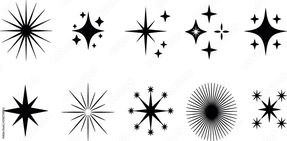 Obraz premium Black Sparkle Star Collection Vector Illustration, Decorative Shining Symbols and Celestial Light Design Elements Set