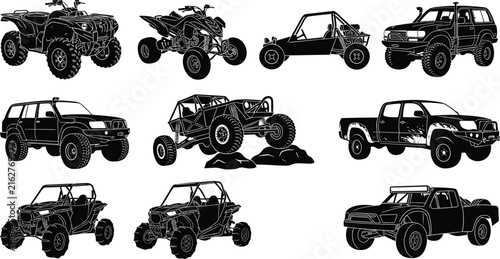 Offroad Vehicles and Extreme Motorsport Transport Black Silhouette Icon Set Featuring ATV Quad Bike Buggy Rock Crawler SUV and Trophy Truck Vector Illustration