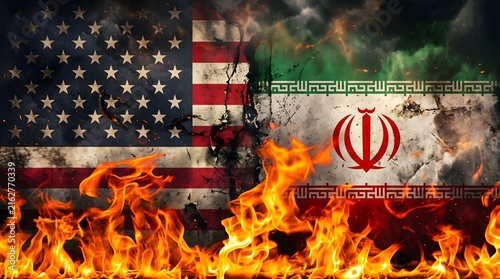 Conceptual image showing the flags of the united states and iran burning together in a large fire representing international political conflict and tension