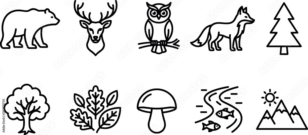 Naklejka premium Forest wildlife nature animal botanical hunting and outdoor adventure thin line icon set minimal vector graphic design for user interface website application dashboard layout