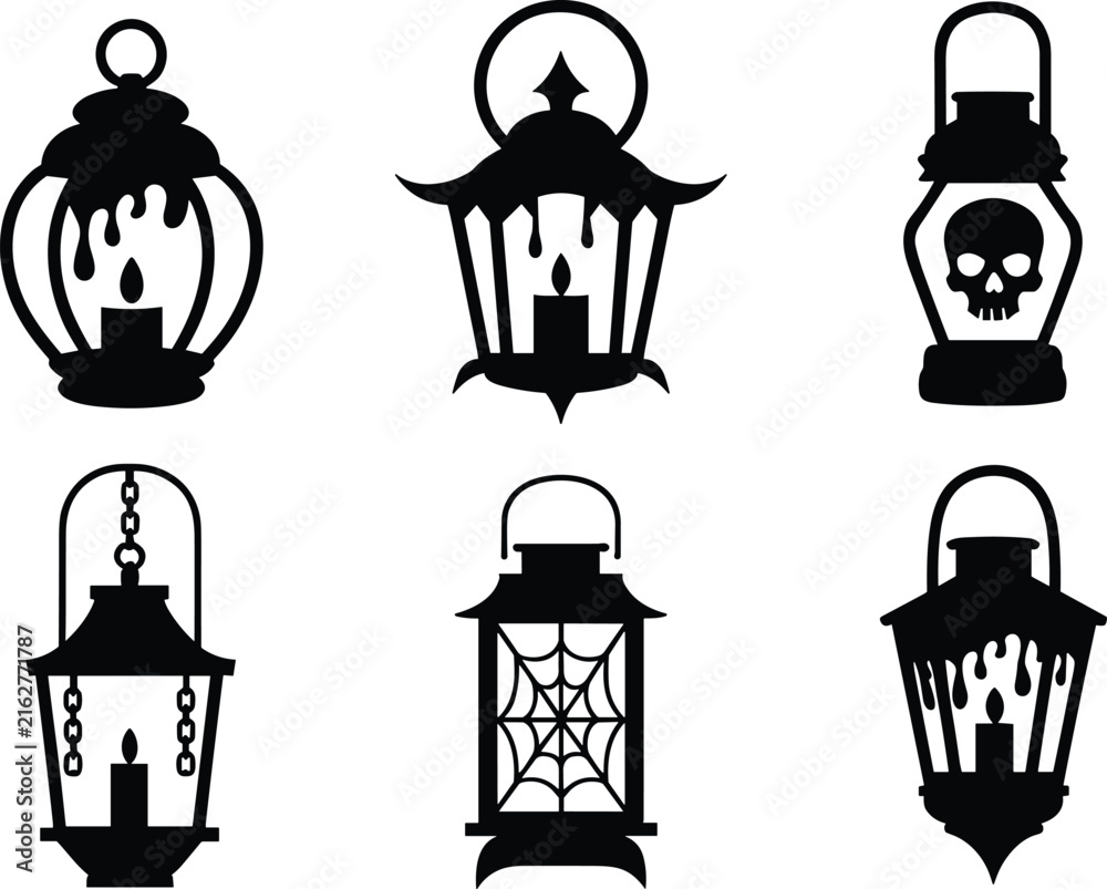 Naklejka premium Collection of six black silhouette lanterns for halloween featuring various spooky including a skull, spider web, melting wax, and hanging chain