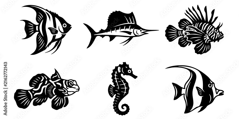 Obraz premium Vector illustrations of diverse marine fish species. Stylized angelfish, sailfish, lionfish, and seahorse art for aquatic and ocean-themed graphic designs