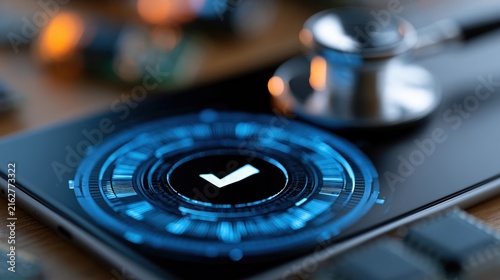Macro Shot of Digital Compliance Interface with Checkmark Symbol