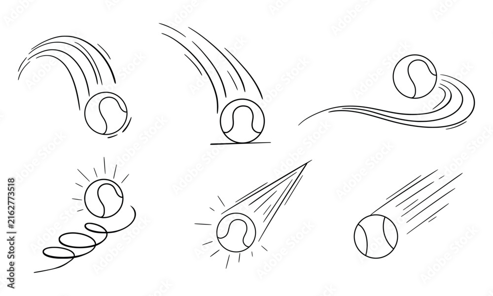 Fototapeta premium Sports tennis ball line art collection with hand drawn doodle icons, abstract movement and bounce vector illustrations on white background.
