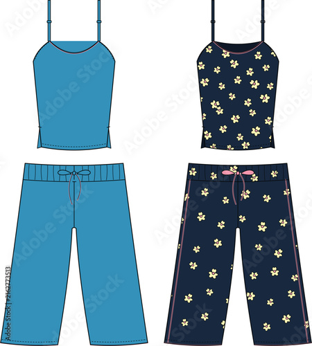 Photography Sleeveless camisole and cropped pants loungewear set technical flat design with